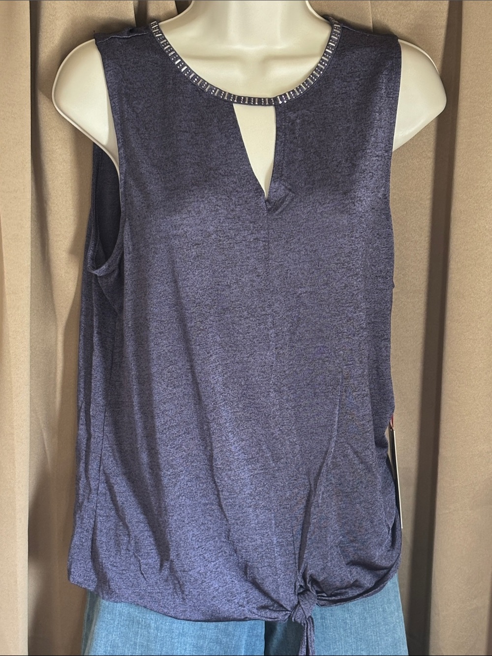 Jennifer Lopez Navy Sleeveless Keyhole Tie-Hem Tank